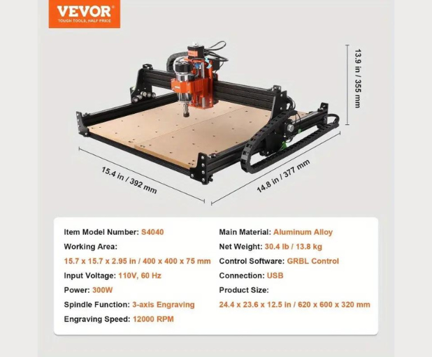 VEVOR CNC Router Machine, 300W, 3 Axis GRBL Control Wood Engraving Carving Milling Machine Kit – 400x400x75 mm Working Area